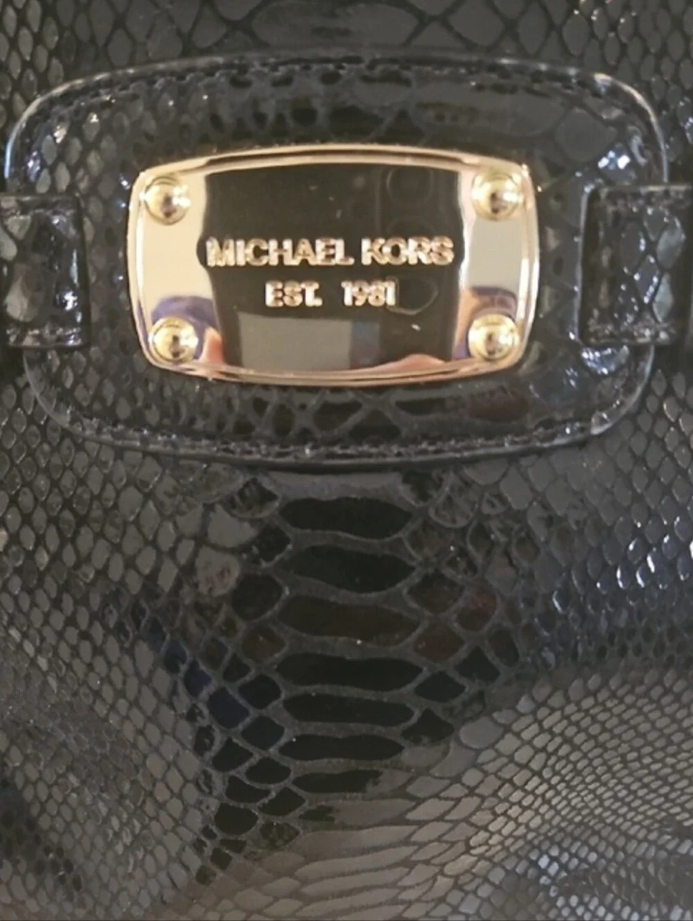 Michael Kors Black Patent Snake-Embossed Satchel with Gold Hardware - Picture 2 of 13